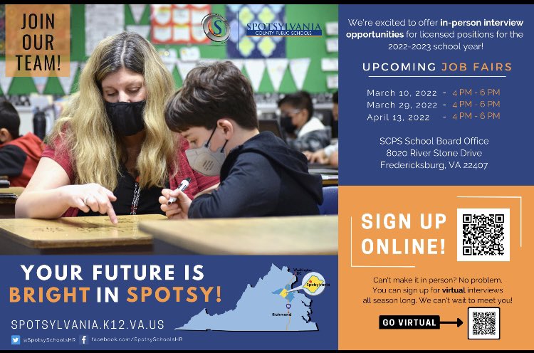 Sign up for the Spotsylvania County Public Schools Job Fair! 💙💙💙