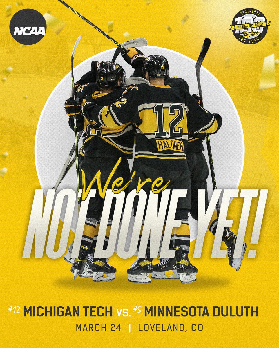 mtuhky's tweet photo. 𝗪𝗲'𝗿𝗲 𝗡𝗼𝘁 𝗗𝗼𝗻𝗲 𝗬𝗲𝘁!

Michigan Tech receives an at-large bid to the NCAA Tournament and will open against Minnesota Duluth Thursday in Loveland, Colorado.

#mtuhky #FollowTheHuskies

📝 https://t.co/HAXf8Vlm7m https://t.co/rcDBJlJ2jY