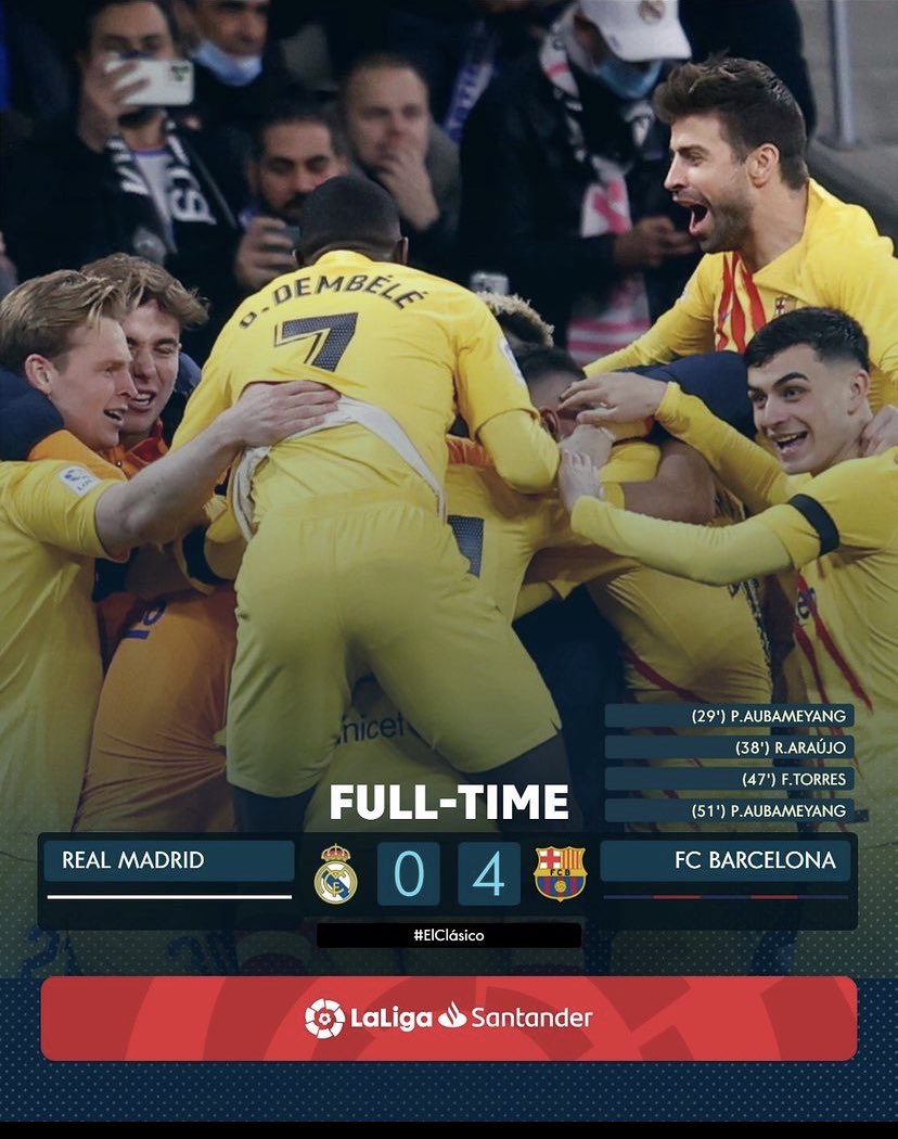 ShelbyBlaugrana's tweet photo. Que partidazo de la Xavineta.

Datos a tener en cuenta:
- Ellos 1 semana de descanso, nosotros 2 dias.
- Jugando en el Bernabéu.
- Casi 20 tiros del Barça.
- Dominación total del futbol.
- Aubameyang ha llegado GRATIS.

Hoy es un gran día, Xavi te queremos.
#ElClasico #ForçaBarça https://t.co/i8EcnunDCy