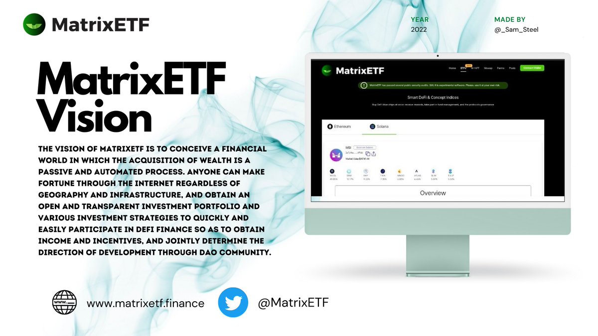 _brownish6's tweet image. Below, you&apos;ll find an in-depth look at @MatrixETF&apos;s vision.

#MatrixETF is a project that aims to bring the future to all participants.

#Crypto #blockchain  #Crypto #DeFi
