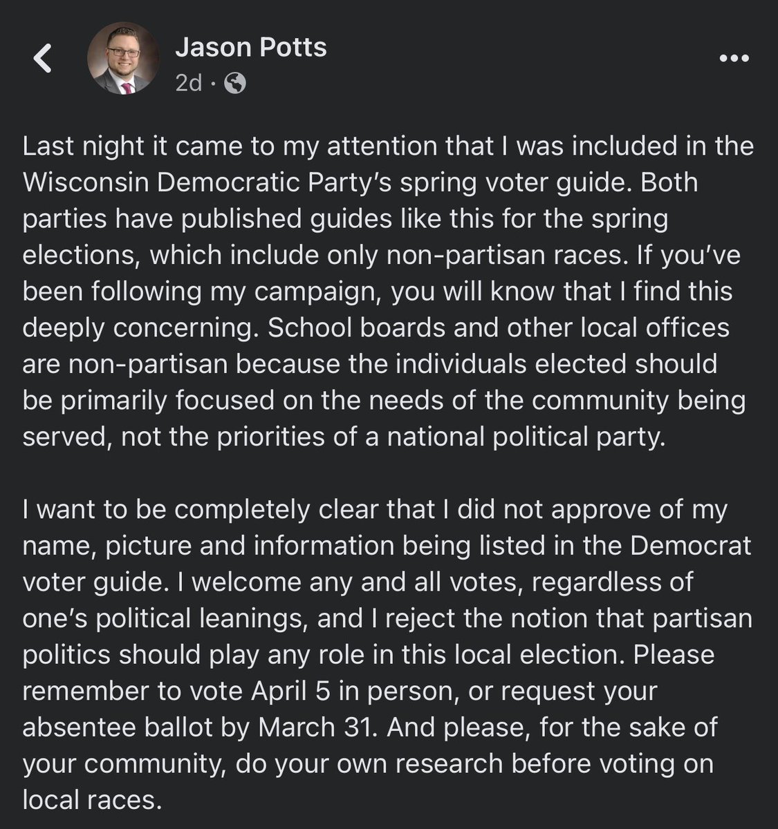 JPottsHSSD's tweet photo. Please see my statement on the recent voter guides put out by the Democratic and Republican parties. https://t.co/aZkzgqXmsi