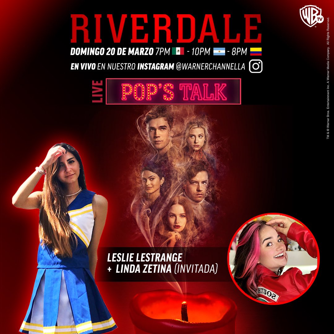 RiverdaleAR's tweet photo. @WarnerChannelLA organizó el live #PopsTalk que se realizará HOY a las 10PM ARG en su cuenta de Instagram (warnerchannella) junto a Leslie Lestrange y Linda Zetina analizando las fans theories.🔥
¡No se lo pierdan! 🥳 #Riverdale https://t.co/l1SEoolddN