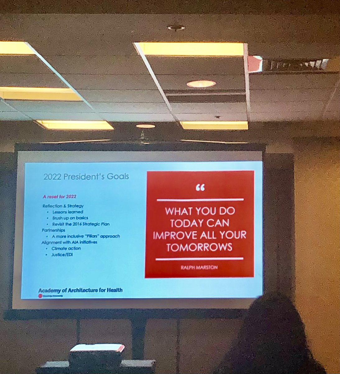 The <a href="/AIA_AAH/">AIA AAH</a> 2022 President <a href="/CHD_EllenTaylor/">Ellen Taylor</a> speaking at the Academy Update. Come hear what’s going on and our goals for the year! #PDCSummit