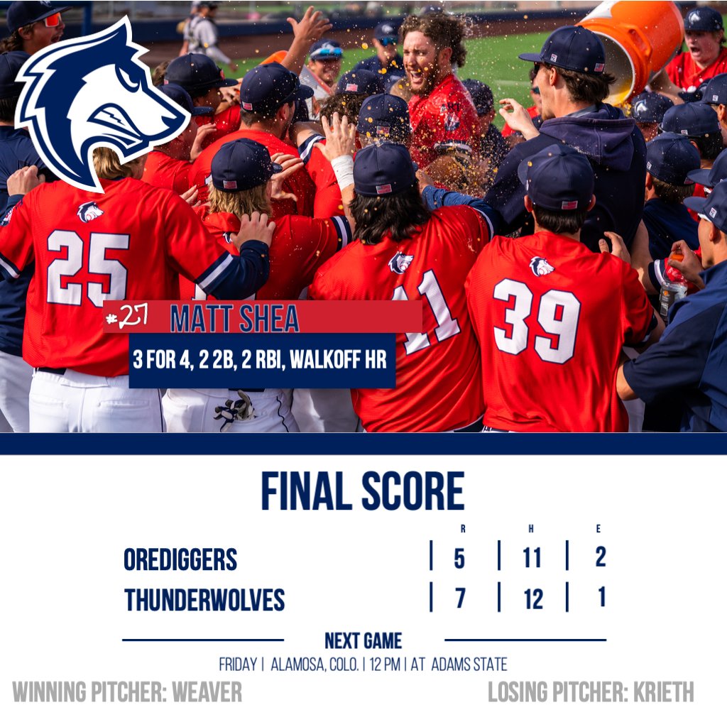 WALKING OFF IN STYLE 🔥🔥🔥

Matt Shea LAUNCHES a home run in the bottom of the ninth and clinches 7-5 victory for the Pack 👏👏👏👏👏

The ThunderWolves claim the series 3-1 and stay at the top of the RMAC Standings 👀

#DevelopingChampions