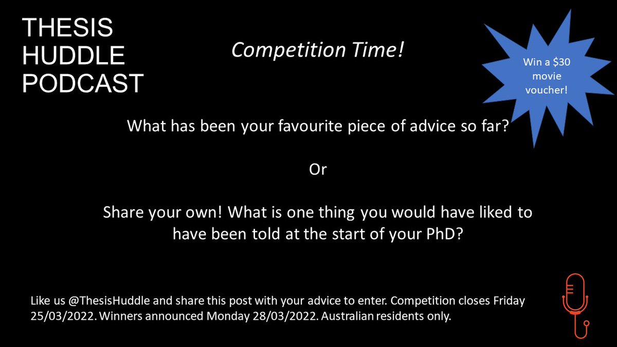 ThesisHuddle's tweet photo. Competition time! Follow us and share this post with your advice before 25/3 to enter. Australian residents only. Winners will be notified Mon 28/3. https://t.co/gh5lb9NozO