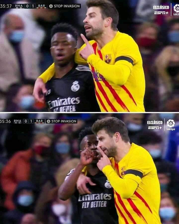 dayveed235's tweet photo. Barcelona were scoring goals. Pique was telling Vinicius how he met his wife Shakira. #ElClasico #RMAFCB https://t.co/zUZZJuxQL7