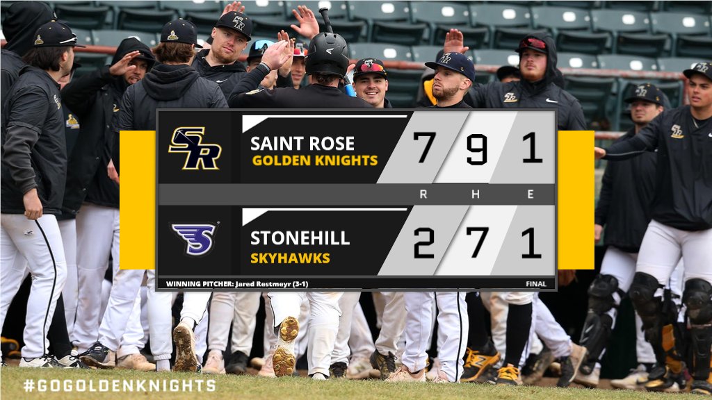 Saint Rose Athletics (@gogoldenknights) on Twitter photo Final! Jared Restmeyer fans six over the 7.0 inning distance and freshman center fielder Vince Venditti goes 3-for-4 with a double and a home run to pace <a href="/saintrosebase/">Saint Rose Baseball</a> past Stonehill 7-2 in the second game of today’s twin-bill. #gogoldenknights Box Score: bit.ly/3CWMGo5 Final! Jared Restmeyer fans six over the 7.0 inning distance and freshman center fielder Vince Venditti goes 3-for-4 with a double and a home run to pace <a href="/saintrosebase/">Saint Rose Baseball</a> past Stonehill 7-2 in the second game of today’s twin-bill. #gogoldenknights Box Score: bit.ly/3CWMGo5