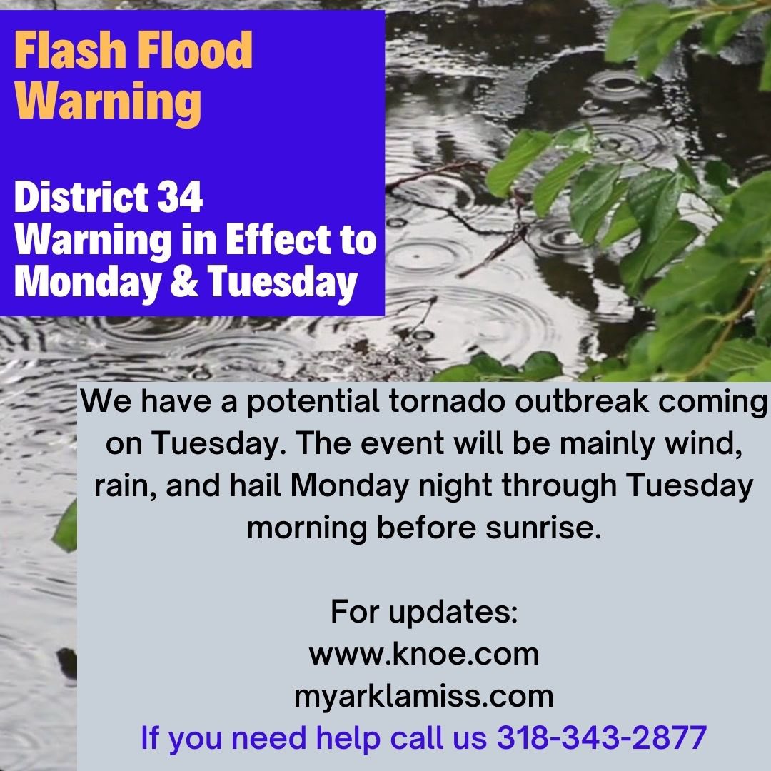 District 34 we have received a Severe Weather Warning for Monday and Tuesday