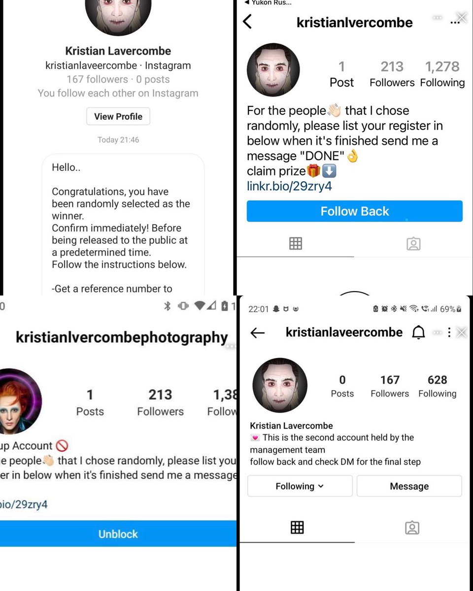 There have been 6 fake insta accounts so far today. Yawn! Please don’t fall it. There are a couple of clues -  including the name spellings.
* I haven’t followed anyone today. 
* I’ve not messaged people asking for info 
* I don’t have a management team.
* Thanks for reporting