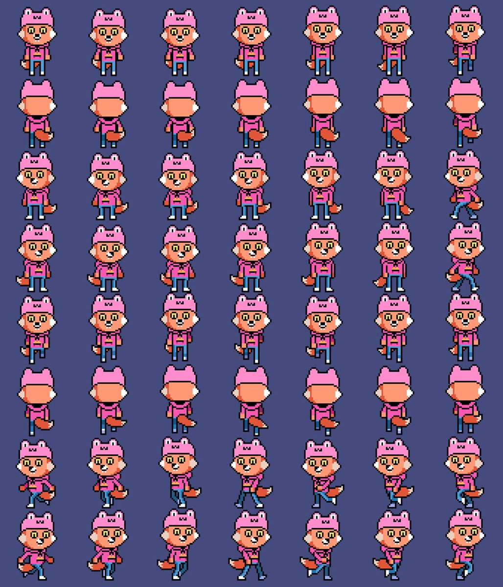 Testing out the PixelFam sprite sheet from the generator. It contains all the angles required for super smooth animation in the @Worldwide_WEB3 game. That's around 400 traits from 360° angles = over 15k individual pixel images!