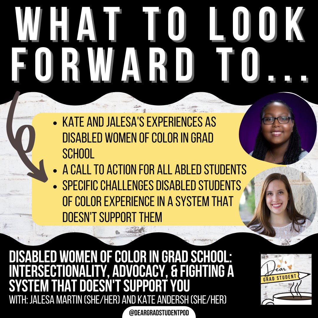 DearGradStudent's tweet image. ✨Ep. 65 is LIVE on 3/21✨

2nd year Masters student @JalesaMartin, &amp;amp; 5th year PhD Candidate, @katemarinaa, joined me to discuss their experience as disabled women of color in academia.

#AcademicChatter @OpenAcademics @DisInGradSchool @DisInHigherEd @DisabledStem @DisabledAcadem