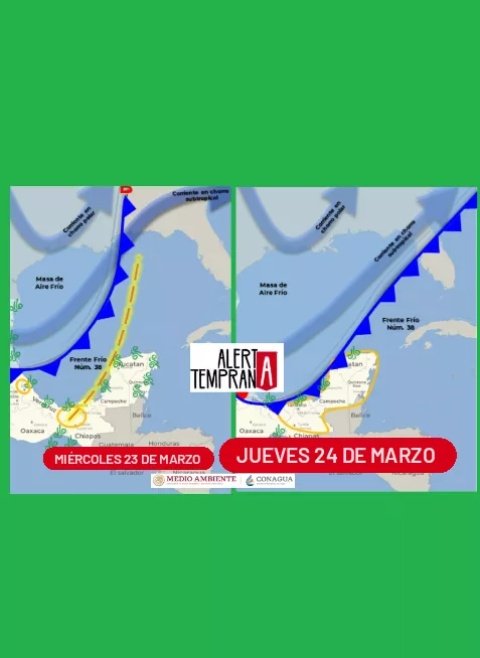 AlertaGt502's tweet photo. La Conagua Mx estima que el poderoso #FrenteFrio38 se acercará a la región durante el jueves 23 y viernes 24 de marzo generando una Vaguada PreFrontal con lluvias para el norte de Guatemala 🇬🇹
Atentos en #Cobán por acumulados de hasta 75mm de lluvia 📄✍️
#ClimaGt #FF38 https://t.co/3rwDGZkgo6