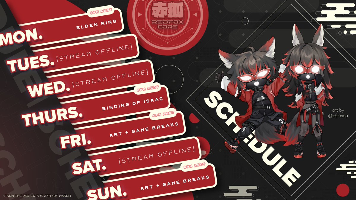 RedfoxVt's tweet photo. I made a schedule and I love it! Thanks @vkid_vq for the help!

See you all at 6pm for some more Elden Ring!

🎨by @p0nsea !

#Vtuber #ENVtuber #red404 #schedule https://t.co/8MimHJSspD