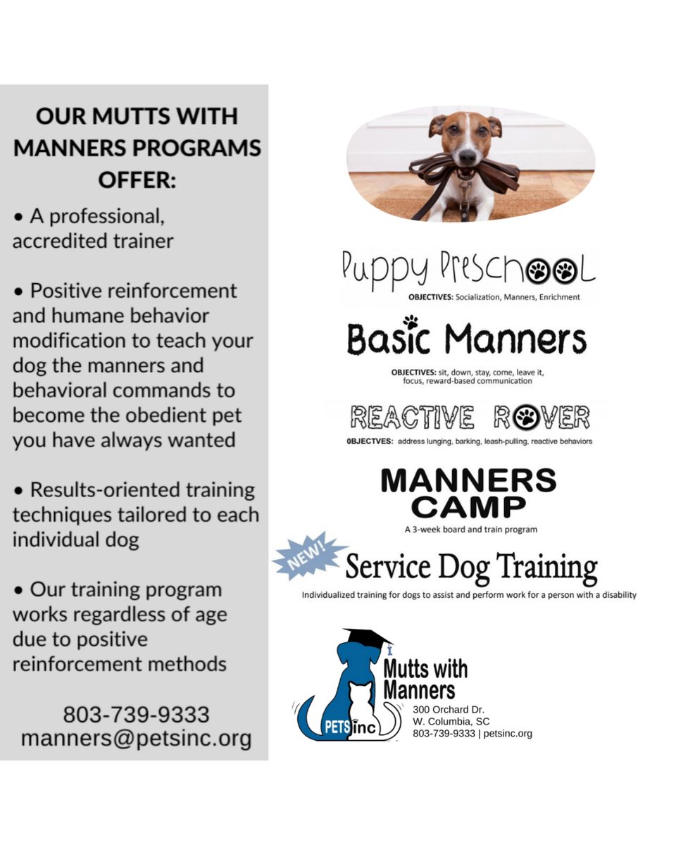 PETSincCarolina's tweet photo. We have several training options that can help your pupper be the best he or she can be. Call 803-739-9333 or email manners@petsinc.org with inquiries.

#PETSinc #MuttsWithManners  #DogTraining https://t.co/z0sqfM0ZMA