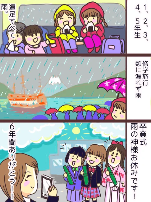 お早うございます。 
はんぶんニート、
娘の卒業式に参加して来ました!
ある意味奇跡?な娘の学年。
雨の神様☔️に好かれてました😆

#マンガが読めるハッシュタグ 
#実録マンガ
#コミックエッセイ
#卒業式 