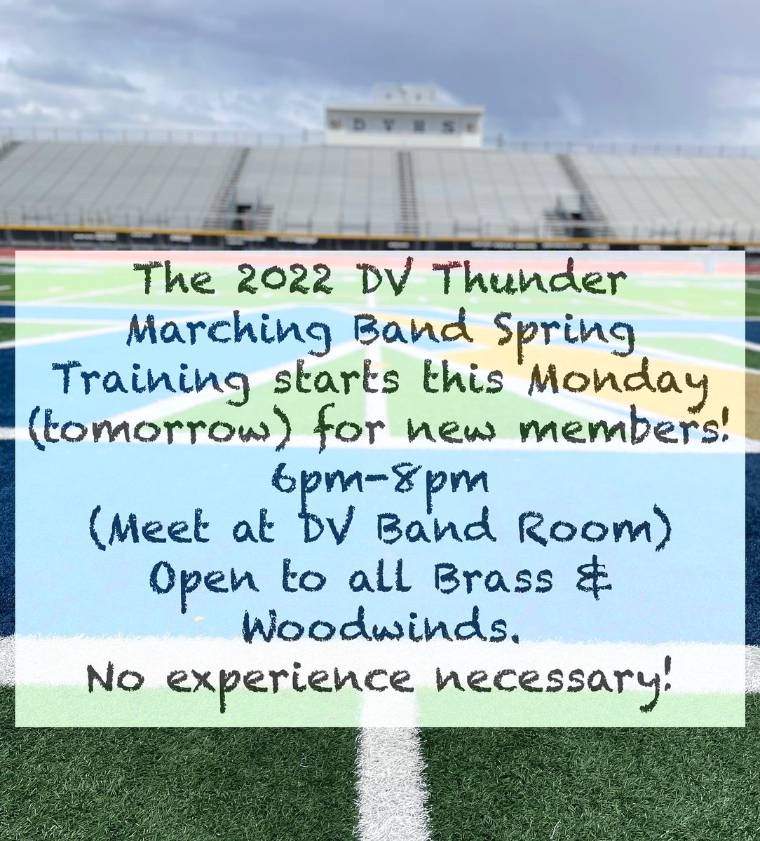 2022 DVMB Spring Training for New Members Starts MONDAY, March 21st!
6pm-8pm in the DV Band Room
Anyone interested in Brass or Woodwinds encouraged to attend!
⚡️🎶⚡️🎶⚡️🎶