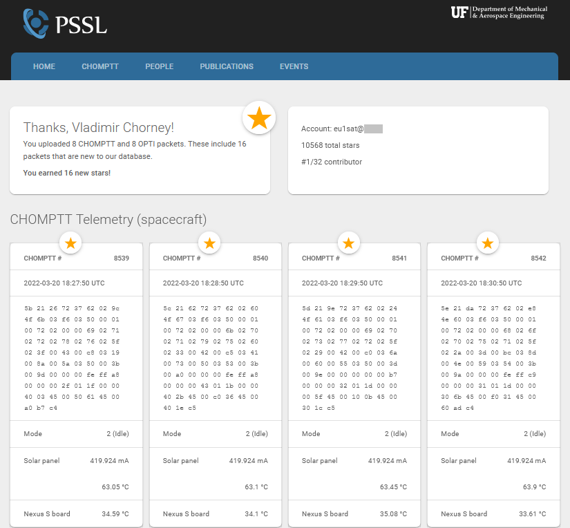 CHOMPTT Telemetry

10668 Frames TOTAL uploaded to PSSL DB and SatNOGS DB
pssl.mae.ufl.edu/#chomptt/main/
db.satnogs.org/satellite/GYLI…

<a href="/precisionspace/">Precision Space Systems Laboratory (PSSL)</a> #CHOMPTT #CubeSat