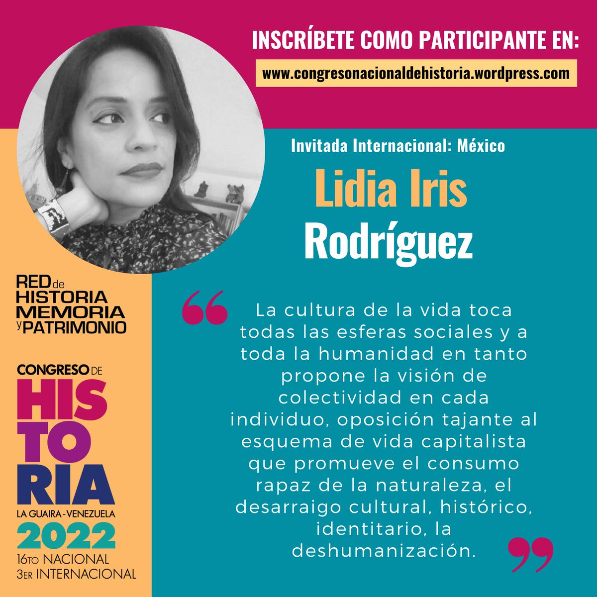 📣 La arqueológa mexicana Lidia Iris Rodríguez es una de las invitadas internacionales que nos acompañará en el 16to Congreso Nacional de Historia y 3er Congreso Internacional a celebrarse en La Guaira - Venezuela los días 6, 7 y 8 de abril del 2022.

#20Mar #ViveAVenezuela