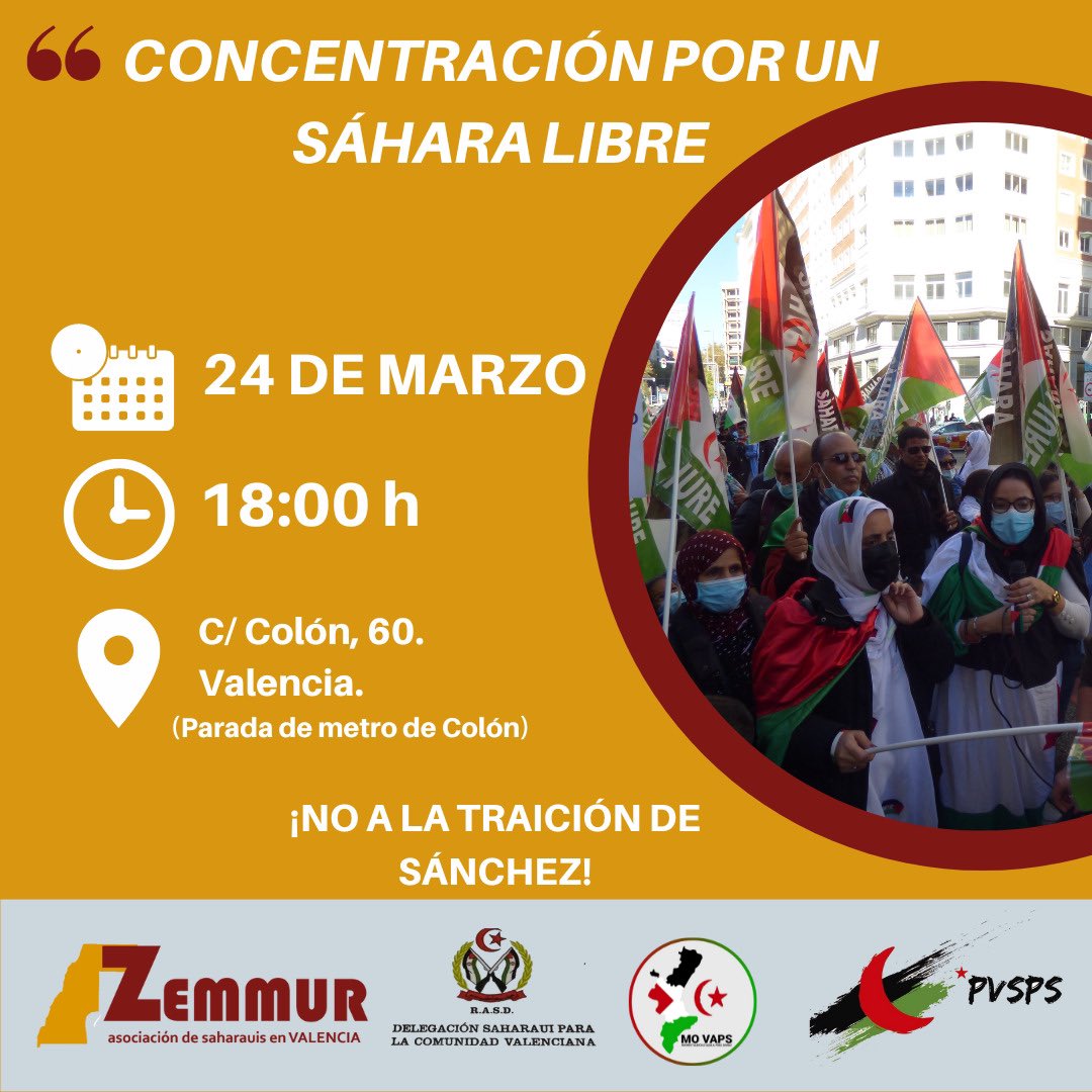 VicentMauri's tweet photo. Concentració #València per un Sàhara Lliure.

@MoVA_ps @PlataformaAmb @Polisario_ @MujeresSahrauis @SaharaBDS @CEASsahara @LliureOng @Rasd_TVOficial @ZemmurV @ConfeIntersindi @IntersindicalV @CEDSALA @Mundubat @PAH_Valencia @VDefensa @AsomSahara @SaharaOcc_web https://t.co/lFdSTJ9FXP