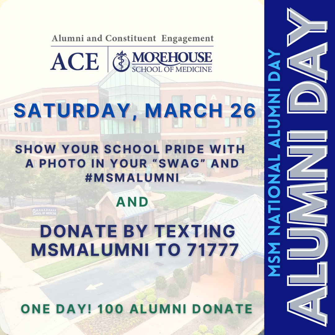 1975Alumni's tweet photo. Join us for the MSM National Alumni Day on Saturday, March 26 by donating to support student scholarship and posting your msm Swag! 

#msmalumni #nationalalumniday #medicalschool #morehouseschoolofmedicine https://t.co/8mv8nTxLq7