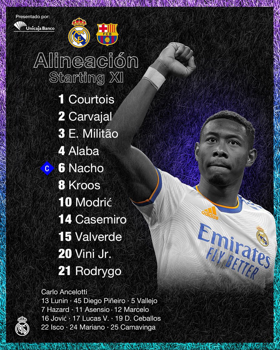 joseddelvalle's tweet photo. ¡Hay equipo!
Alineación confirmada de @realmadrid
Valverde titular en la mitad de la cancha. Arriba sólo Rodrygo y Vini.
#ClasicoxESPN #espnplus https://t.co/j6qQQ3yFPo