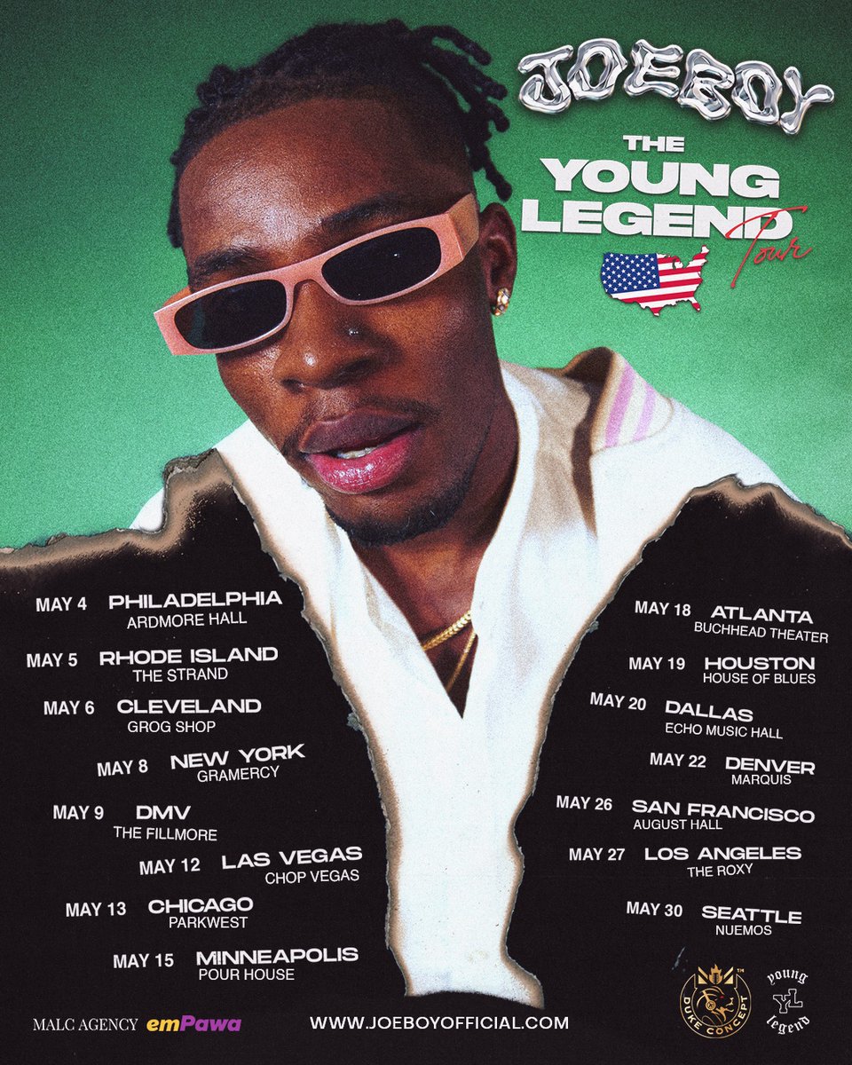 Joeboy's tweet photo. USA! I will be with you all May! #TheYoungLegendTour 🥂🇺🇸

Go get your tickets !!
https://t.co/Qw4cEIoh8B https://t.co/WGb3zv2dC1
