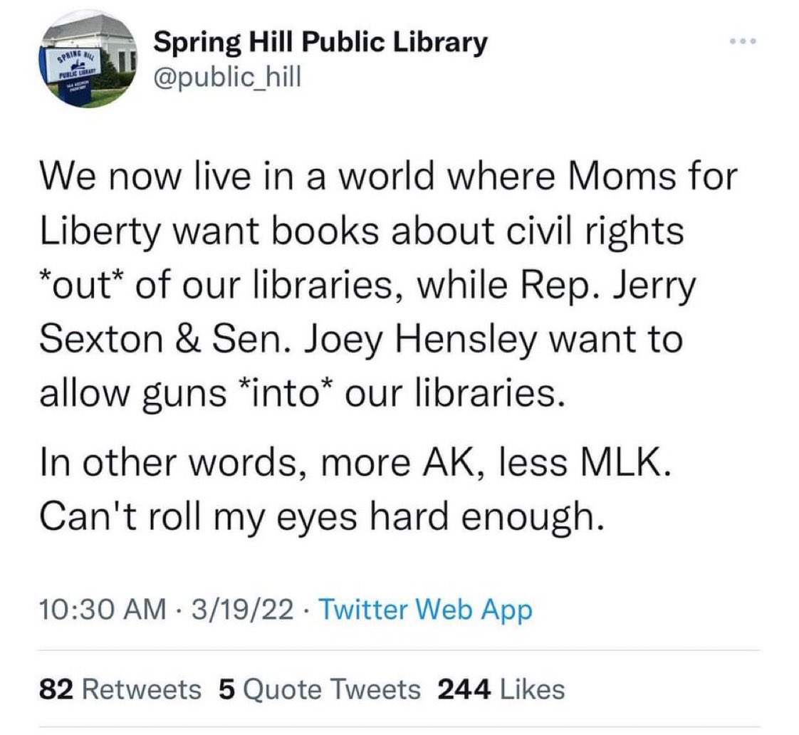 TheTNHoller's tweet photo. UPDATE: The Spring Hill Library has deleted this after the inevitable right wing backlash came… but they were absolutely right. 📚 https://t.co/4ZTcgl5Hix