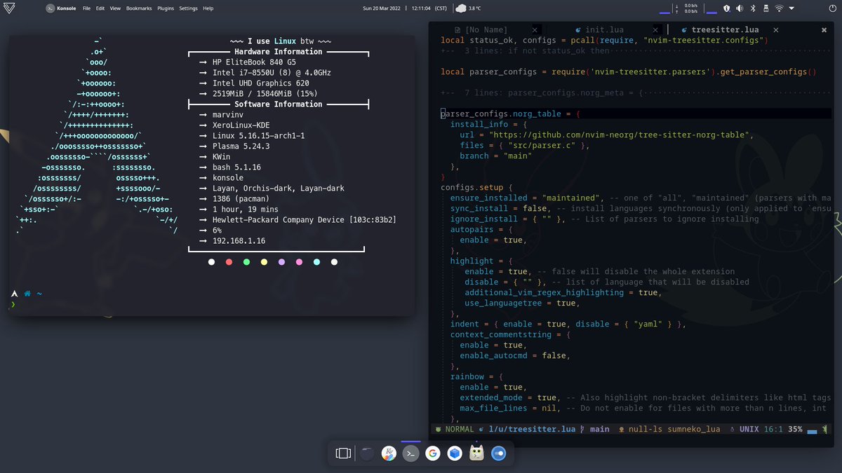 PuesSiVos's tweet photo. Comfortable, for now... #plasma #linux #kde5 #neovim #archlinux https://t.co/FQu4qQ14ka