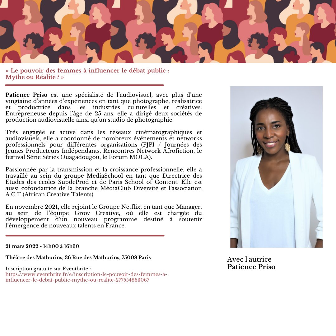 Refondation_Off's tweet photo. Pr le livre "Le pouvoir des femmes à influencer le débat public, mythe ou réalité ?",
une conférence de presse aura lieu de 14 à 15h le 21 Mars 2021au Théâtre des Mathurins.
avec @PatiencePriso &amp; @IrmaAngueMedoux
#womenempowerment #conférence_de_presse #Débatpublic https://t.co/DEV9saobpz