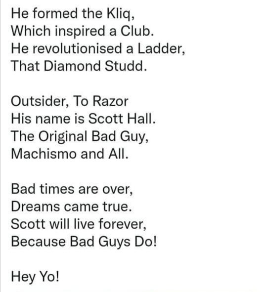 ftlowrestling's tweet photo. This had me 😢

#ScottHall #ScottHallForever #ScottHall4Life #RIPScottHall #RazorRamon #NWO #NWOForLife #nWo4Life #WWE #WCW #WrestlingCommunity #WrestlingTwitter https://t.co/kMgZGlsJky