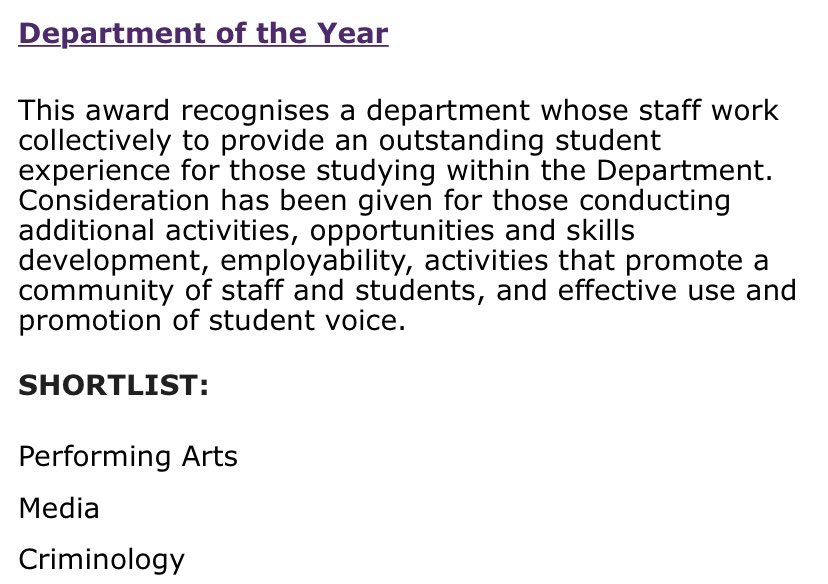 CrimAndSoc's tweet photo. CONGRATULATIONS are in order for being shortlisted as Department of the Year in the @MiddlesexSU Student Led Teaching Awards 22! ✨
Congratulations to our @MiaScally &amp; Keir Sothcott for ALSO being shortlisted for Academic Staff Member of the Year &amp; the Innovative Teaching Award! https://t.co/ox5xcBL1mA