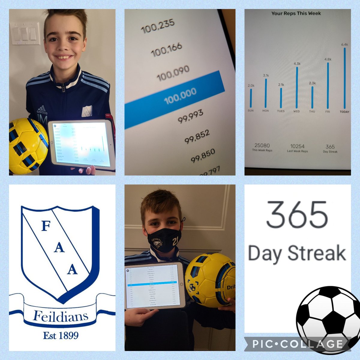 Set goals and achieve them! 1 year ago @FAA1899 gave C and J @DribbleUp balls. Both committed to making 100 000 touches - which they did! Caleb has a 365 day streak - every day for an entire year! Jonah missed a few days but rides a 78 day streak! @MsLaheyPE #soccerlife #proud