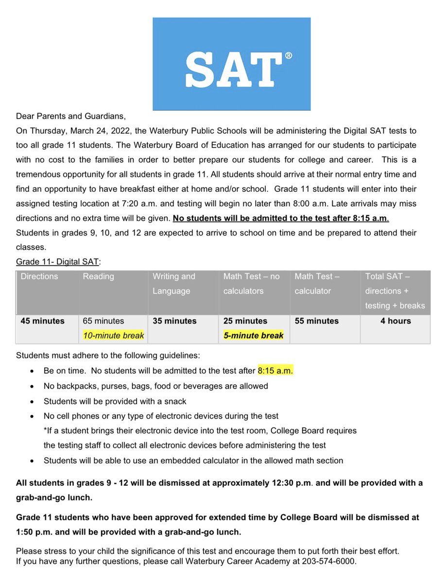 11th Grade SAT this week