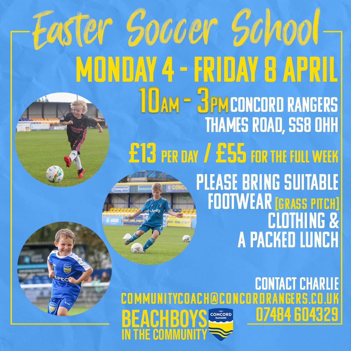 ConcordRangers's tweet photo. 🐣 Soccer School 🐰 

Our soccer school returns this Easter with 5 days packed full of football for all to enjoy at the home of the Beach Boys! 

To book your child’s place email communitycoach@concordrangers.co.uk 

#YAMC 💛💙 https://t.co/RSYtwidVMl