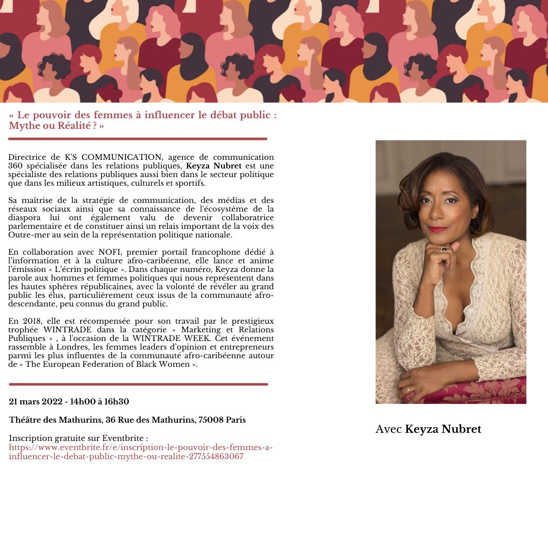 Refondation_Off's tweet photo. Pr le livre "Le pouvoir des femmes à influencer le débat public, mythe ou réalité ?",
une conférence de presse aura lieu de 14 à 15h le 21 Mars 2021au Théâtre des Mathurins.
Animation par @KeizaBonheur
#womenempowerment #conférence_de_presse #Débatpublic https://t.co/NyhVdl3dro