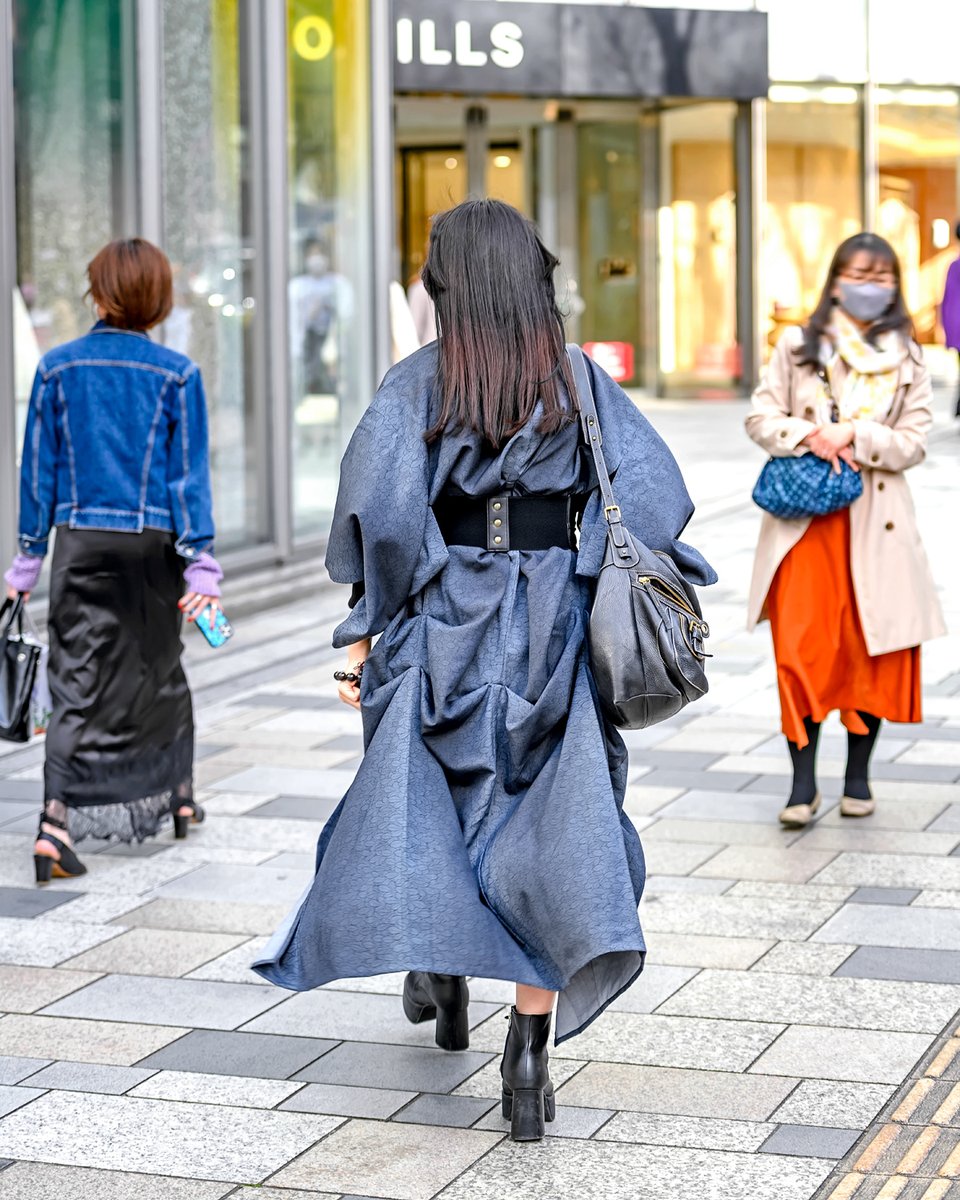 20-year-old Japanese college student Arai - known for mixing kimono, traditional accessories &amp; modern elements - on the street in Tokyo's Omotesando neighborhood wearing a remake denim kimono, corset, pleated mini skirt &amp; platform heels #原宿 instagram.com/hang_oroshi/