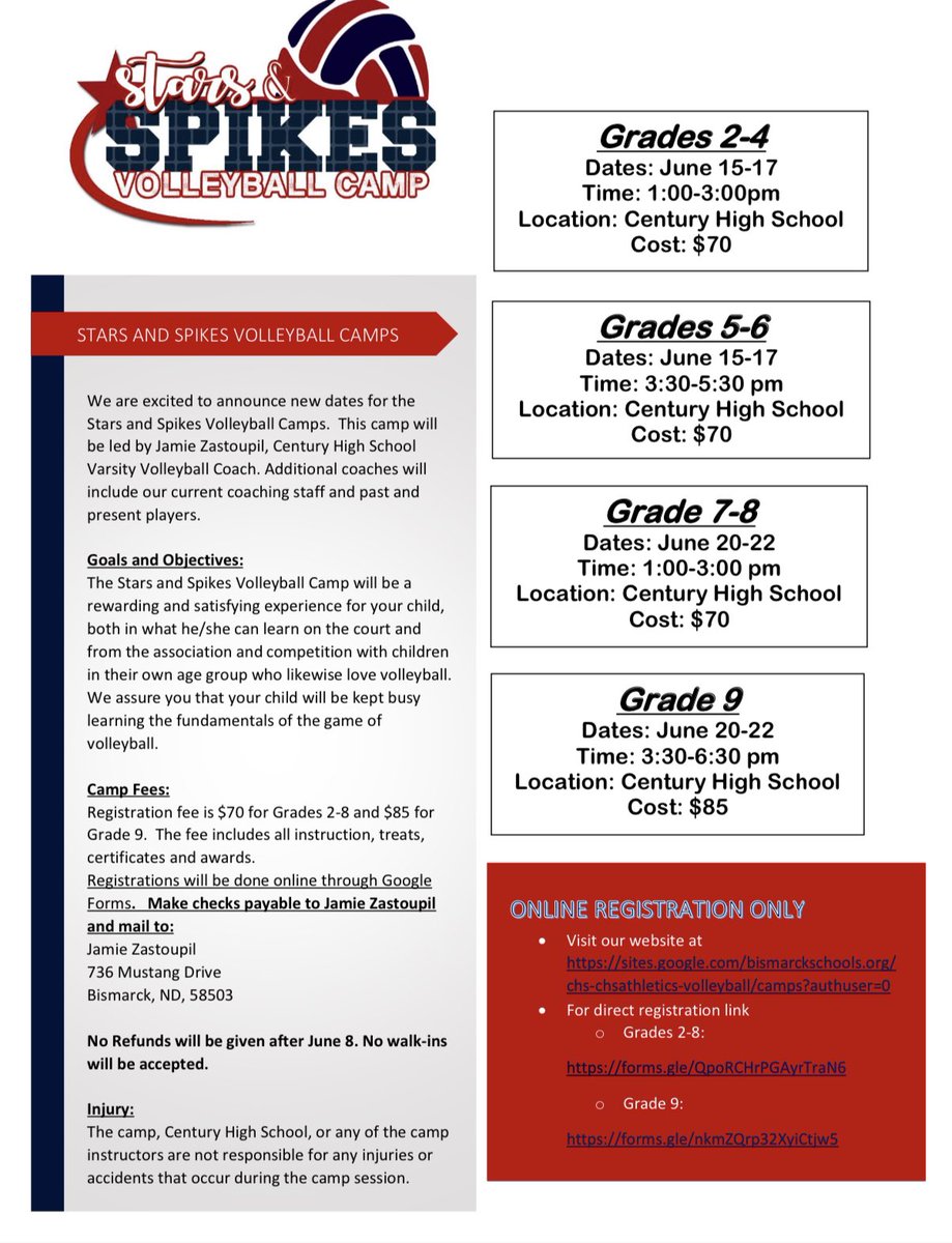 STARS AND SPIKES VOLLEYBALL CAMPS!!!
We are very excited to announce the dates of the Stars and Spikes Volleyball Camps hosted by Century High School Volleyball coaches and players. 

Visit our website to register for Camp! 

sites.google.com/bismarckschool…