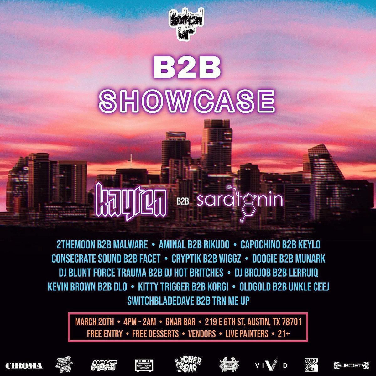 bakedupmgmt_'s tweet photo. @kaytenofficial b2b @saratonintunez today at Gnar Bar for the @bakedupco B2B Showcase! 🤟 Closing out SXSW / AMW proper 💯

Free entry &amp; free desserts from 4PM - 2AM 🍭 

LETS GO!!! https://t.co/NsGZbhAJYz