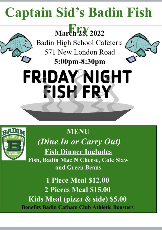 Badin Catham (@badincatham) on Twitter photo Badin Catham in person fish fry is back! Please join us this coming Friday, March 25 🐠
<a href="/BadinHS/">Badin High School</a> <a href="/RAMSSPORTS/">Stephen T. Badin High School Athletics</a> Badin Catham in person fish fry is back! Please join us this coming Friday, March 25 🐠
<a href="/BadinHS/">Badin High School</a> <a href="/RAMSSPORTS/">Stephen T. Badin High School Athletics</a>