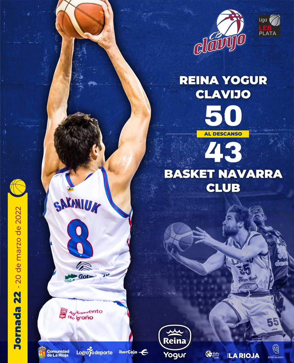 CBCLAVIJO's tweet photo. 🏀 J22 #LEBplata

Una primera parte muy intensa y con gran acierto anotador de ambos equipos deja el marcador 

@CBCLAVIJO 50 - 43 @BasketNavarra 

⏰ AL DESCANSO

🏀 @DemianBalasko | 16 pts
🌟 @DemianBalasko | 16 valoración 
🎩 @Bernig5 | 6 asist

💙 #VamosClavijo | #EnDirecto https://t.co/ZDojfYVpIH
