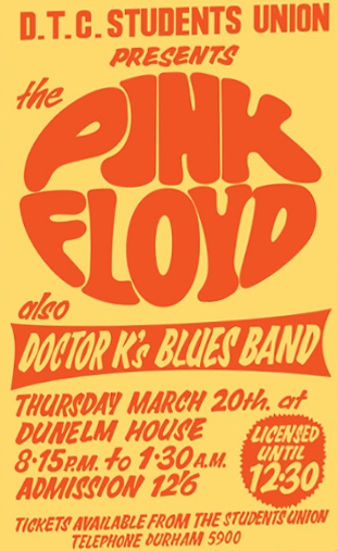 pinkfloyd's tweet photo. The poster for a 1969 Pink Floyd concert at the University of Durham, in North East England. https://t.co/9c0oKkcFBI