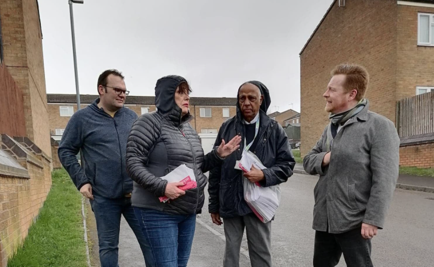 Rugby_Labour's tweet photo. A bit of rain didn't put off the team delivering information to residents of Brownsover this morning. Out supporting Cllr #RamSrivastava were Cllr #JimEllis, Cllr #MaggieORourke and Benn Candidate - #RichardHarrington and Hillmorton Candidate - #AudreyRooneyEllis. https://t.co/uuoOa5wjDt