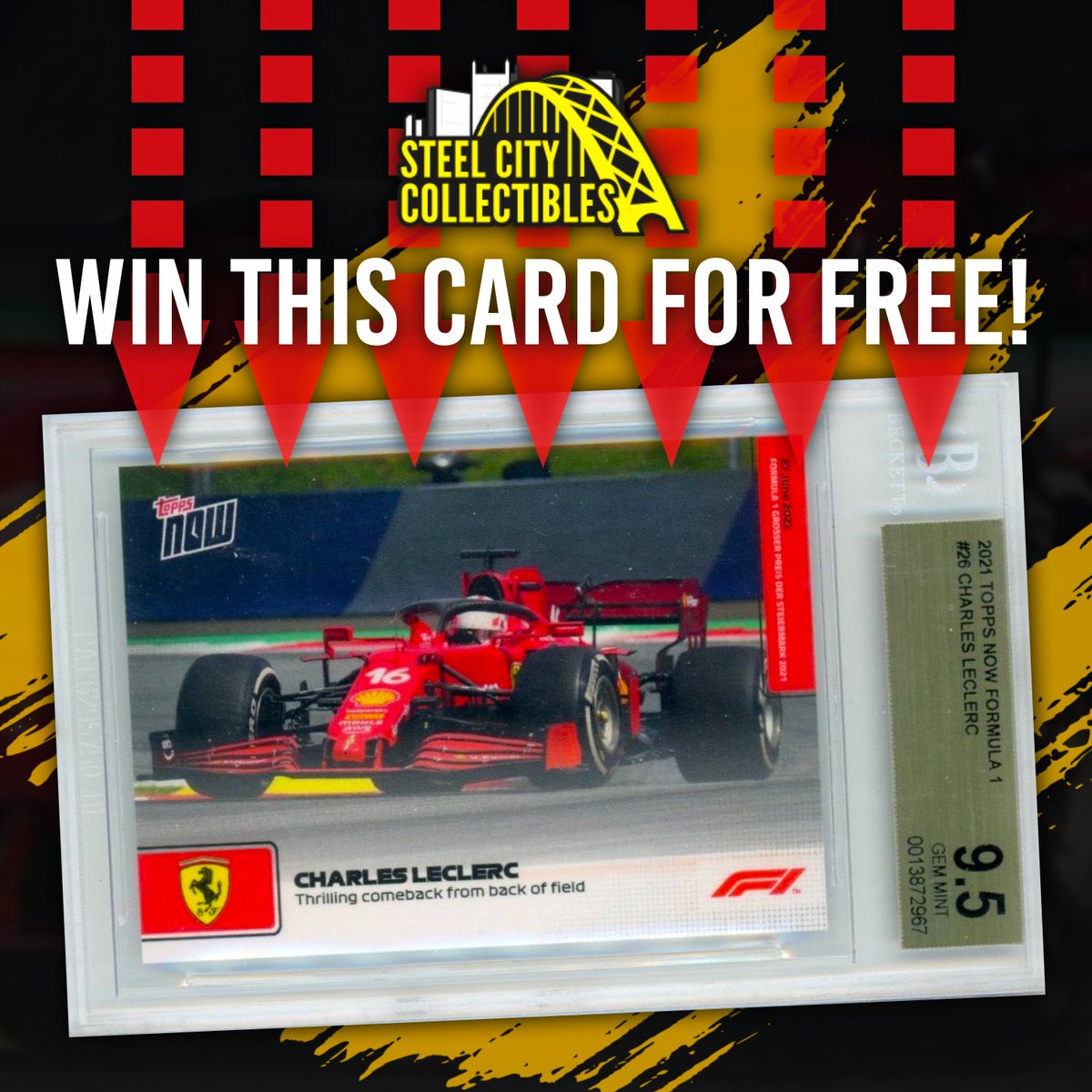 SCCTradingCards's tweet photo. Charles Leclerc has won the #BahrainGP! We're giving away this Leclerc 2021 F1 Racing Card! To enter:

1) RETWEET &amp; LIKE
2) FOLLOW @SCCTradingCards

If we get 2000 retweets, we'll upgrade the card to a BGS 10!

Winner announced 3/22. Must be following to win! #Topps #F1 #TheHobby https://t.co/scEVeiTEmG