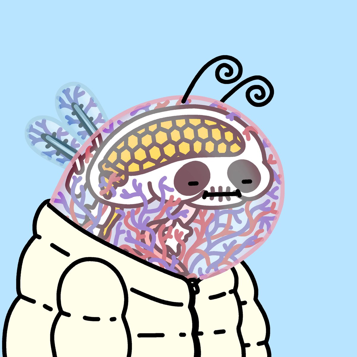 tokyobeats_'s tweet photo. Talk about beeing transparent. Lol. One of my absolute favorite🐝s from my collection. PS, that ivory puff jacket tho. 😍 This art by @LeonKarssen &amp; @TheBeeings is on another level.🎨 #TheBeeings https://t.co/F8ExMOOVkM