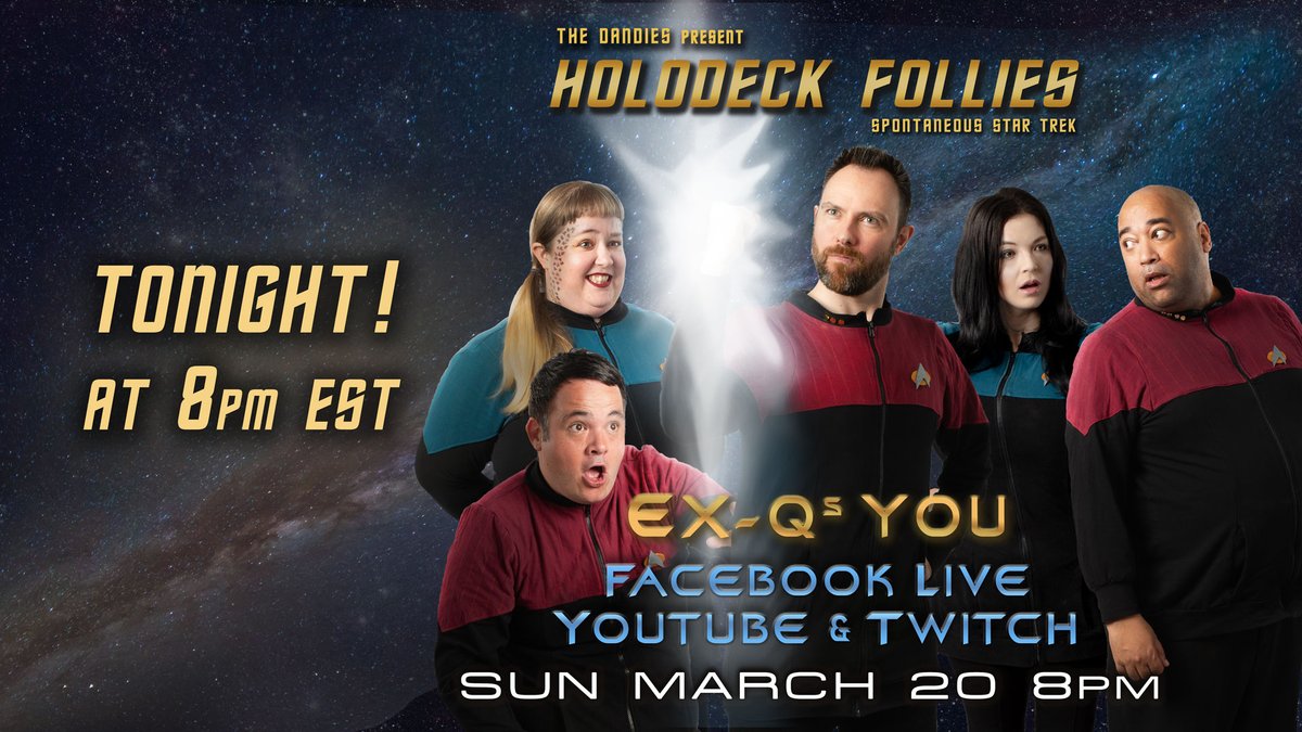 We’ll be messing with the space-time continuum to bring one of our favourite shows from the before times. 

Tonight at 8pm EST!

Streaming on:
YouTube - tinyurl.com/TheDandiesYouT…
Twitch - twitch.tv/improvdandies
Facebook - facebook.com/improvdandies/

#geek #improv #comedy #StarTrek