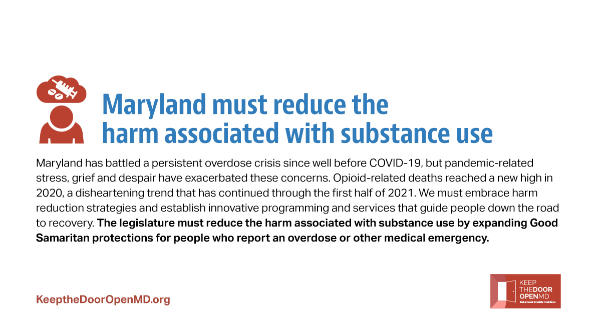keepdooropenmd's tweet photo. Maryland has battled a persistent overdose crisis since well before COVID-19, but pandemic-related stress, grief, and despair have exacerbated these concerns. This #MDGA22, Maryland must reduce the harm associated with substance use. #KeeptheDoorOpenMD https://t.co/EGO4qyDXJj