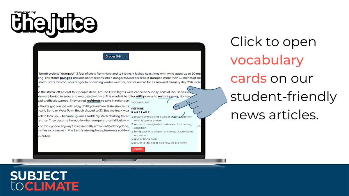 subjecttoclimat's tweet image. Check out our latest feature, powered by The Juice! Click here to see the student-friendly news articles: bit.ly/3I5kMXT

#StCjuicenews #readinglevel #readingdifficulty #unbiasednews #newjerseyteachers #climatenews #vocabularywords #wordsoftheday #assessment