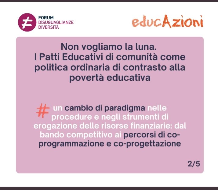 <a href="/DD_Forum/">Forum Disuguaglianze Diversità</a> LA #POVERTÀASSOLUTA MINORILE E LA #POVERTÀEDUCATIVA SONO NEL NOSTRO PAESE UN' EMERGENZA SEMPRE PIÙ GRAVE. Per contrastarla si sono sviluppati dei “PATTI EDUCATIVI”. Come metterli a sistema? Con educAzioni il 22 marzo h.17 qui 
👉 bit.ly/PattiEducativi… 

DA SEGUIRE!