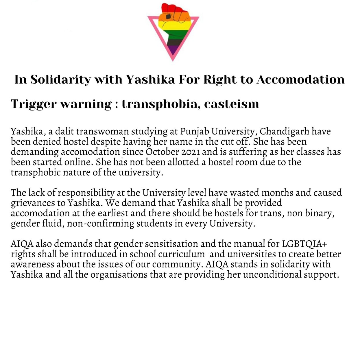 aiqalgbtqia's tweet photo. In unconditional solidarity with Yashika. 

#Translivesmatter #TransRightsAreHumanRights #TransWomenAreWomen #dalitqueers #Equality #equalityforall #Students https://t.co/FdFpvNfR0S