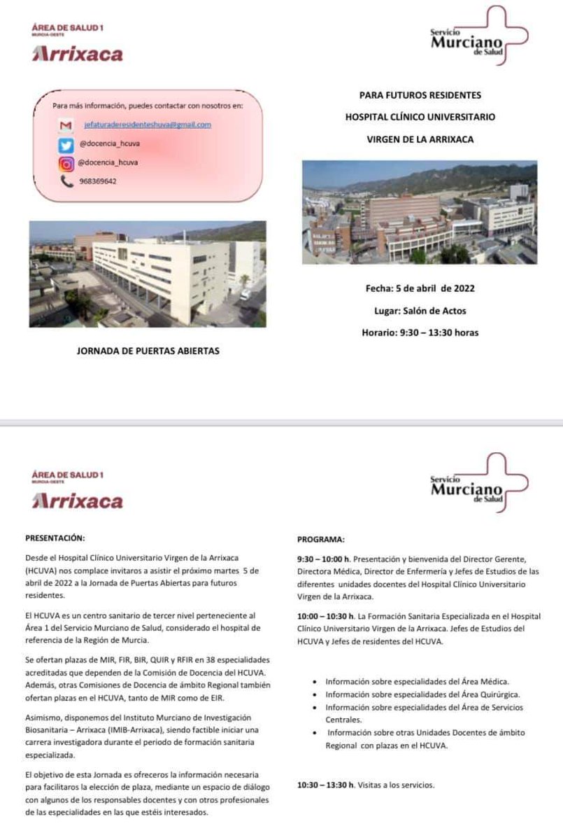 ¡Hola! Estamos buscando a nuestros futuros resis pequeños del HUVA y tenemos una jornada de puertas abiertas el 5 de abril para vosotros. Y 24/7 abiertos a vuestras dudas 🥰